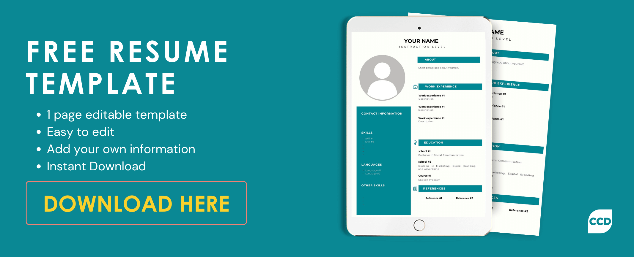 Download Resume Banner in teal color with a CTA button